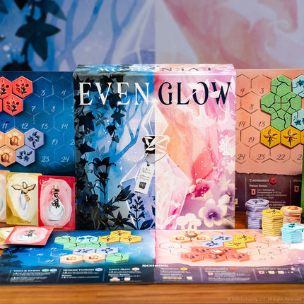 Evenglow game set up with boards and garden tiles - House of Games