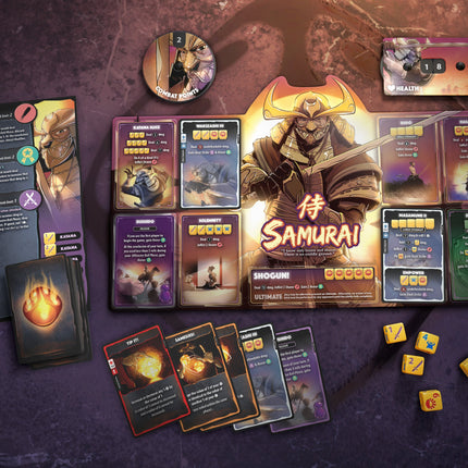 Dice Throne Samurai hero board with cards and dice - House of Games