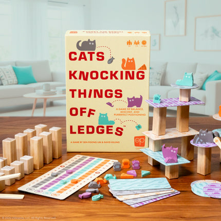 Cats Knocking Things Off Ledges tower set up with box and scoreboard - House of Games